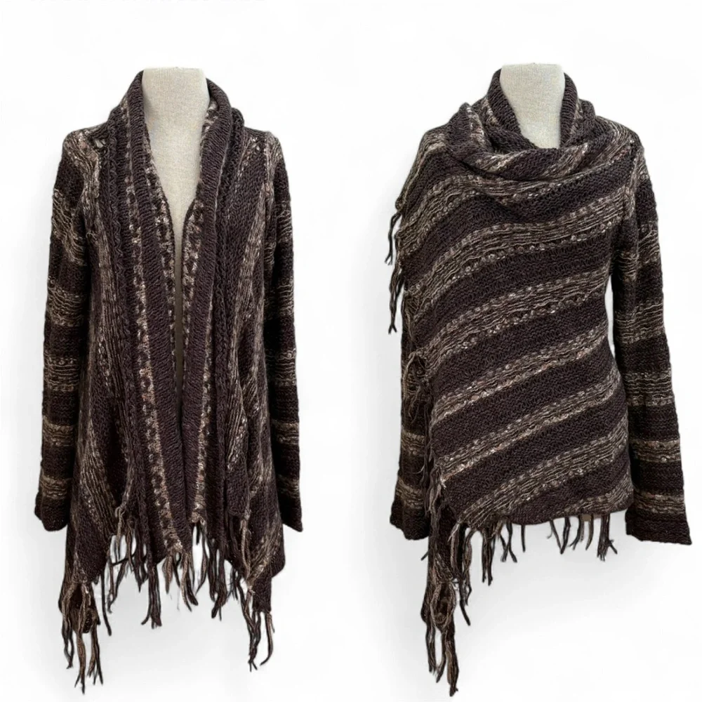 Free People Brown Wool/Mohair/Linen Fringe Cardigan Sweater Size Large Boho Chic